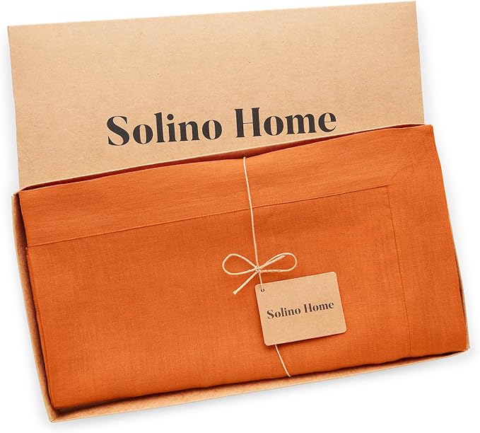 Solino Home Linen Tablecloth 60 x 120 Inch - 100% Pure Linen Persimmon Orange Table Cloth for Rectangle Tables - Fete, Machine Washable Tablecloth for Fall, Autumn, Thanksgiving