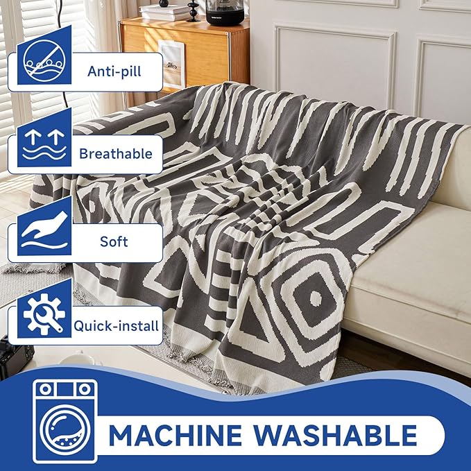 VClife Oversize Couch Cover, 1 Piece Boho Tribal Dark Gray and White Geometric Jacquard Pattern Sofa Cover for 3 Cushion Couch Sofa, Soft Washable Chenille Living Room Sofa Slipcover for Sofa 91"X134"