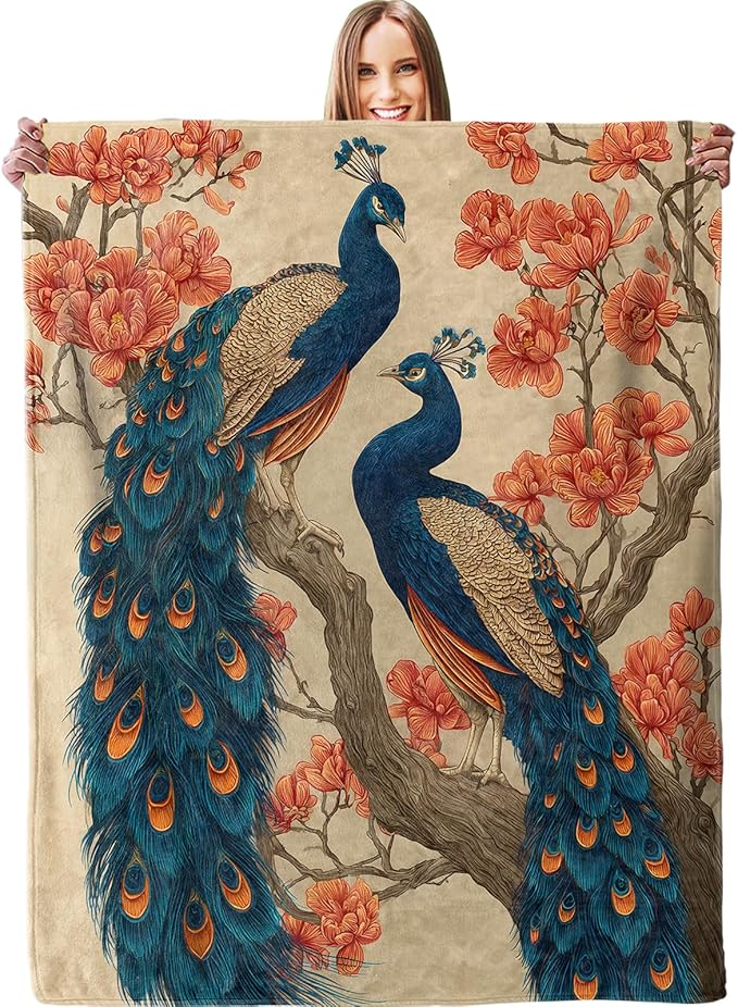 Elegant Peacock Blanket, Plush Soft Lightweight Warm Cozy Flannel 80×60 inch Throw Blanket with Exotic Bird Design for Couch, Travel, Bed, Outdoor, Gifts for Women Girls Teens Adults