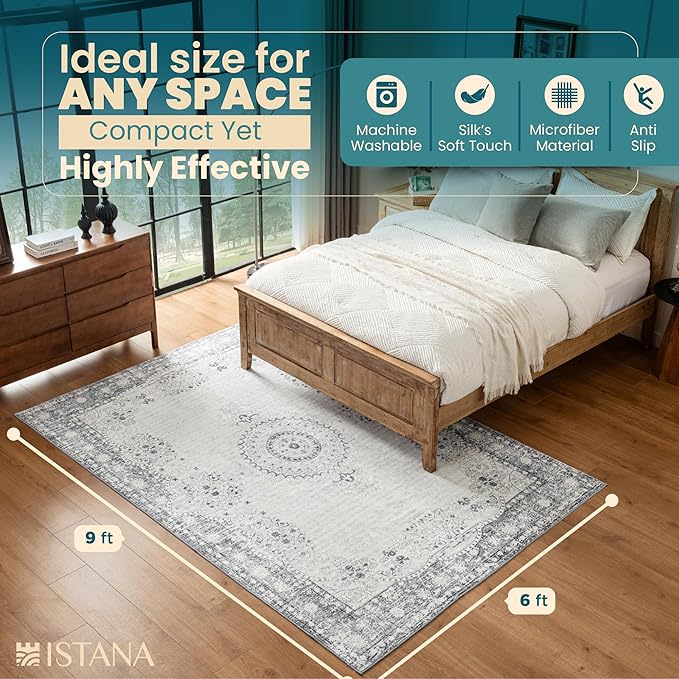 Istana 6x9 Area Rug - Grey/Gold Rugs for Living Room 6x9 - Foldable Boho Rugs for Bedroom - Stain Resistant Washable Rug - Eco-Friendly Area Rugs - Easy to Clean Living Room Rug