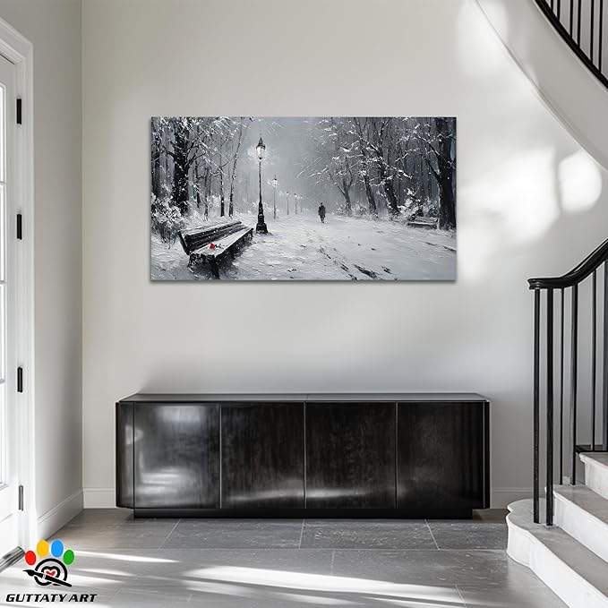 GUTTATY Christmas Winter Scene Canvas Wall Art, Snowy Park Pictures Print, Monochrome Wall Decor with Bench and Lamp, Fine Canvas Artwork for Living Room, Bedroom, Office, Holiday Gift, 60x30 Inch