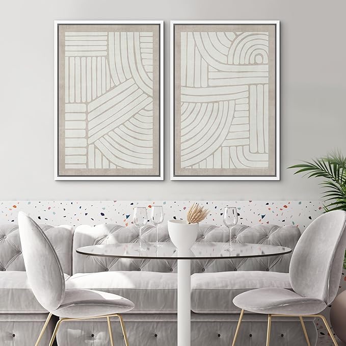SIGNWIN Framed Canvas Print Wall Art Set Grunge Tribal Pattern Landscape Abstract Shapes Cozy Neutral Minimal Decorative Nordic Zen Bohemian for Living Room, Bedroom, Office - 24"x36"x2 White