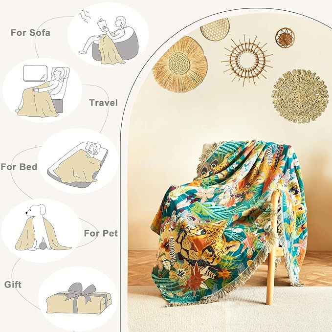 Throw Blanket for Couch Sofa Soft Cotton Blankets for Bedroom Living Room All Season Reversible Leopard Embroidery Throws Whimsical Home Decor 50"x60"