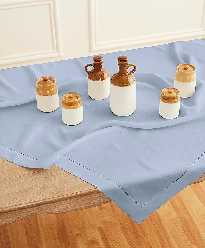 Solino Home Square Linen Tablecloth 52 x 52 Inch - 100% Pure Linen Sky Blue Table Throw - Classic Hemstitch, Machine Washable Table Cloth for Christmas