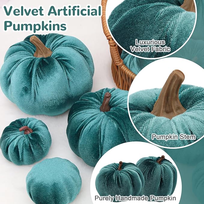 12pcs Artificial Velvet Faux Pumpkins Halloween Handmade Crafts Fabric Foam Fall Harvest Table Centerpiece Party Thanksgiving Decorative Teal