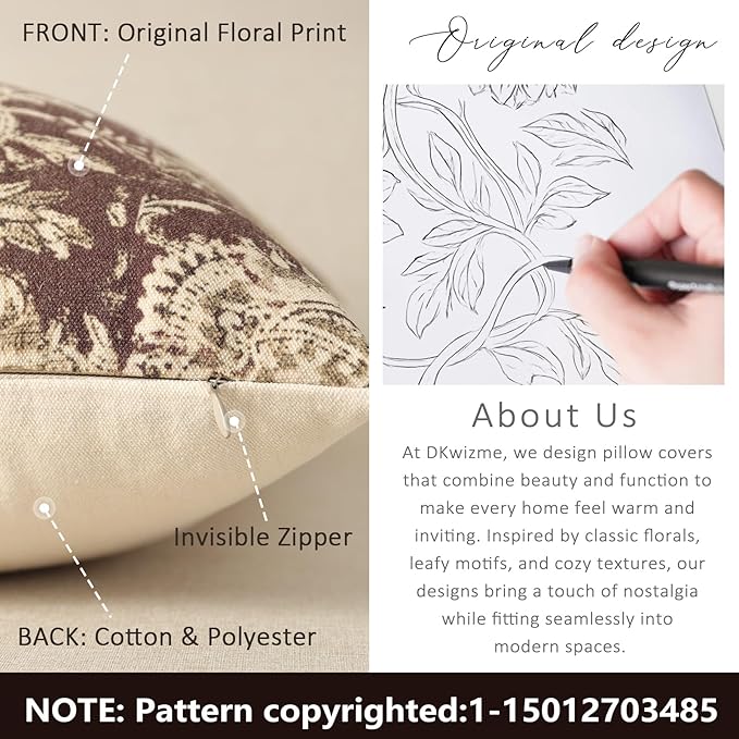Vintage Floral Print Throw Pillow Covers 16x16 Set of 2 Neutral Modern Farmhouse Accent Decorative Cushion Covers Boho Home Decor for Couch Sofa Chair Bed Living Room, Oxblood