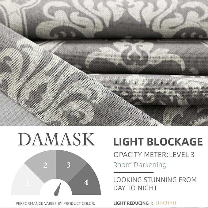jinchan Room Darkening Curtains for Bedroom Grey Damask Patterned Curtains 84 Inch Length for Living Room Linen Textured Vintage Drapes Medallion Window Treatments Grommet Top 2 Panels Set