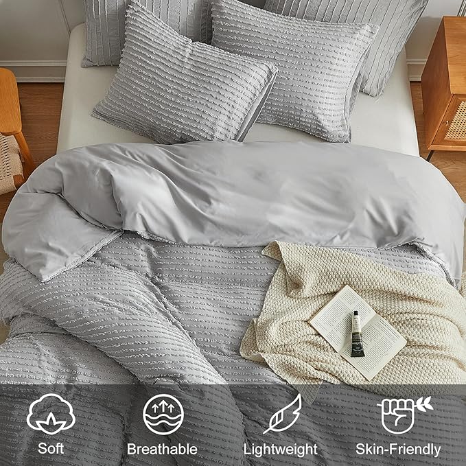 WARMDERN Boho Duvet Cover Set Queen Size,Grey Striped Duvet Cover Microfiber Bedding Set,3PCS Ultra Soft Breathable Lightweight Tuft Texture Pattern Duvet Covers with Zipper Closure(Grey,Queen)