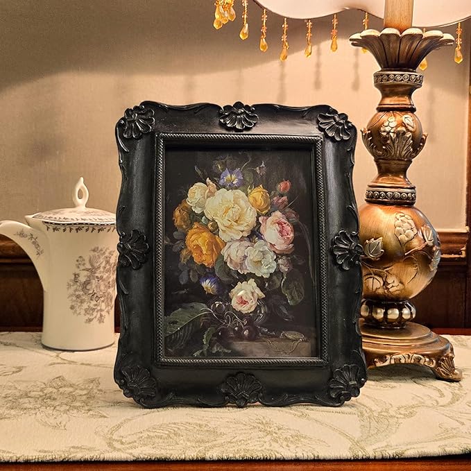SYLVIA'S SHOP 5x7 Vintage Picture Frame, Antique Black Ornate Photo Frame, for Tabletop and Wall Display, Decorative Floral Design Retro Home Decor, Photo Gallery Art