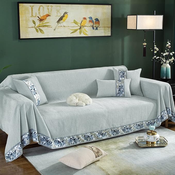 DREAMINGO Couch Protector Light Grey Sofa Covers for Dogs Solid Color Modern 3 Cushion Couch Covers for Sofa Pet Friendly Chenille Slipcovers for Sectional Washable, X-Large 71"x134"
