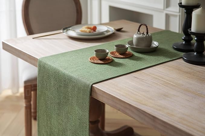 ZeeMart Burlap Style Farmhouse Table Runners 108 Inches Long, Green Rustic Woven Dining Table Runner for Everyday Use, 14x108 Inches, Grass Green
