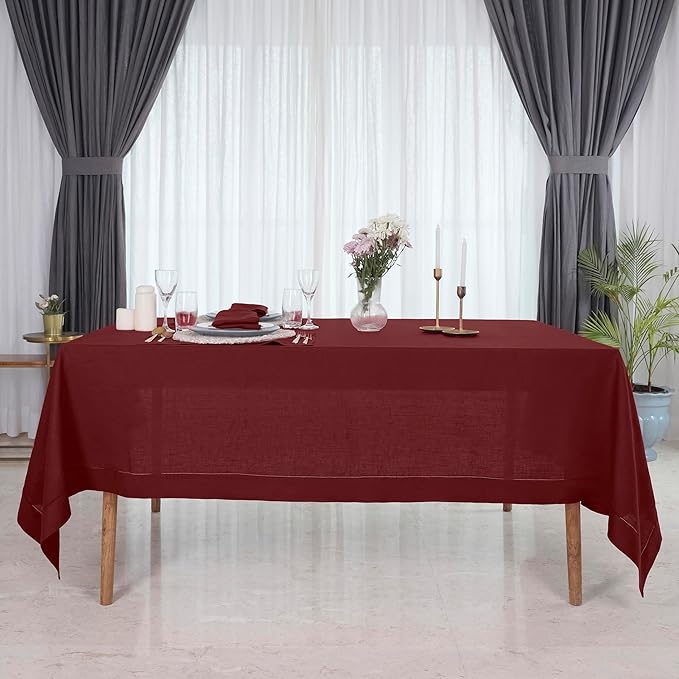 D'Moksha Homes Dark Red Linen Tablecloth 60 x 120 Inch - 100% Pure Linen Hemstitch Tablecloth for Rectangle Tables - Classic Hemstitch, Machine Washable Table Cloth for Thanksgiving, Christmas