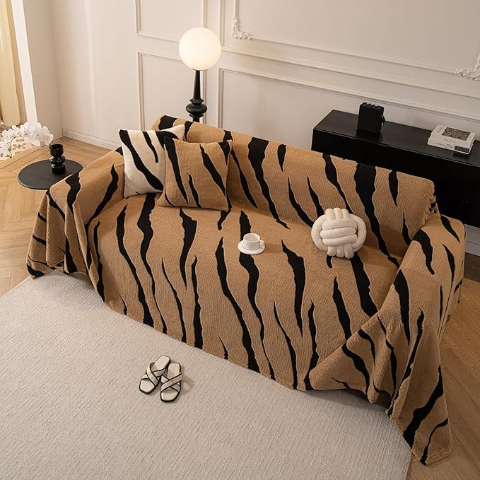 ROOMLIFE Striped Boho Khaki Couch Cover for 2-3 Cushion Sofa, Fuzzy Plush Warm Sofa Slipcovers Sectional Sofas Covers, Non Slip Washable Furniture Protector Soft with Tassel,Winter 71''X118”