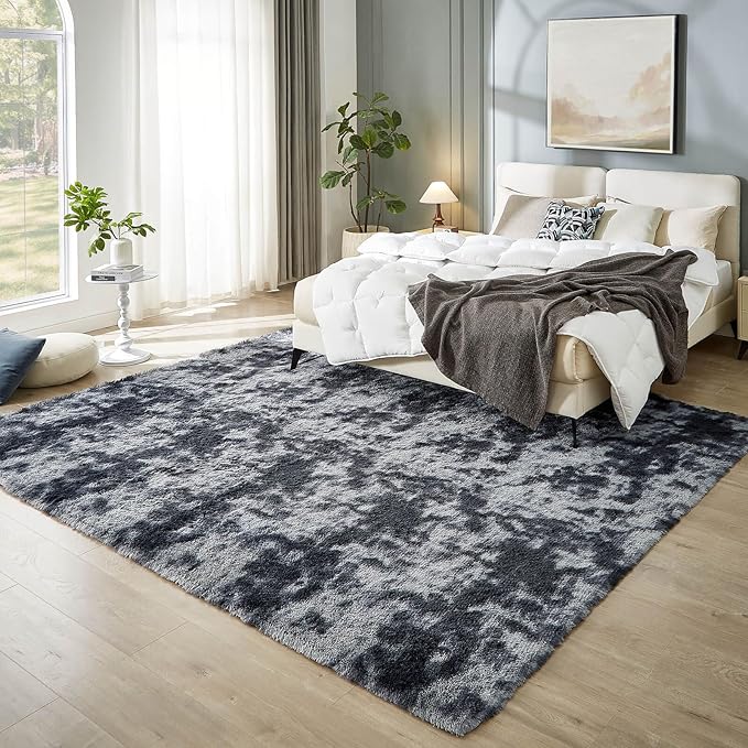 Floralux 9x12 Shag Rug for Living Room, Tie-Dyed Dark Grey, Soft Area Rugs for Bedroom, Large Fluffy Shaggy Carpets