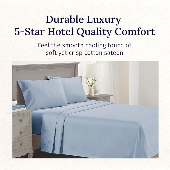 California Design Den Luxury Twin XL Sheet Set - 100% Cotton, 600 Thread Count Deep Pocket XL Twin Sheets, Soft Hotel-Quality Bedding with Sateen Weave - Blue