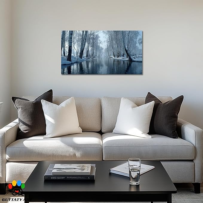 GUTTATY Christmas Winter Scene Canvas Wall Art, Snow Forest Canvas Prints, Tranquil Birch Tree Pictures, Serene Blue Wall Decor for Living Room, Bedroom, Holiday Decoration, 16x8 Inch