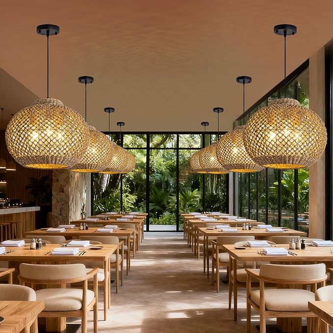 17IN Rustic Farmhouse Pendant Lights, 3-Lights Boho Rattan Hand-Woven Hanging Light Fixture, Natural Seagrass Weaving Ceiling Chandelier for Kitchen Island Entry Living Room Dining Room Bedroom