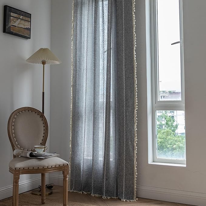 Sutuo Home Boho Curtain for Bedroom Living Room Kitchen, Semi Blackout Linen Farmhouse Shabby Chic Tassels Window Treatment Bohemian Embroidery Drape, Rod Pocket 1 Panel 52" W x 84" L, Black Grey