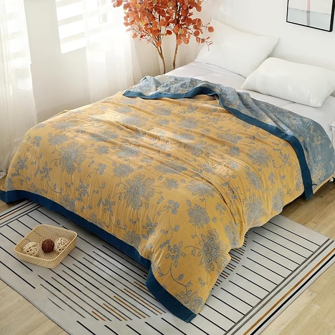 Boho Throw Blanket for Bed 100% Cotton Ultra Soft Rustic Quilt Fall Blanket Floral Printed Farmhouse Decor Bed Blankets,80"×90" All Season Rustic Throw for Sofa Couch Chair