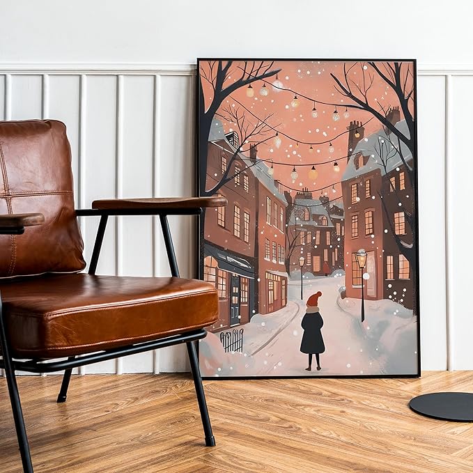 OZCONO Cozy Winter Cityscape Wall Art for Seasonal Home Decor, Christmas Street Scene Artwork, Warm Holiday Village Print, Soft Snowy Evening Illustration (Unframed) (11x14)