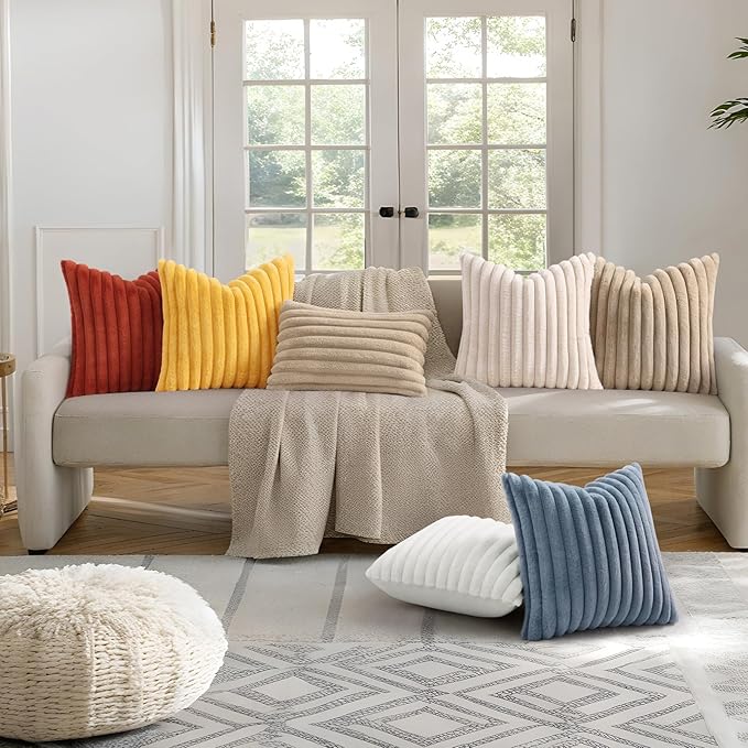 decorUhome Faux Fur Christmas Throw Pillow Covers 24x24 Set of 2, Decorative Soft Plush Striped Neutral Couch Euro Pillow Covers with Velvet Back for Sofa, Bed, Living Room Home Decor, Mustard Yellow