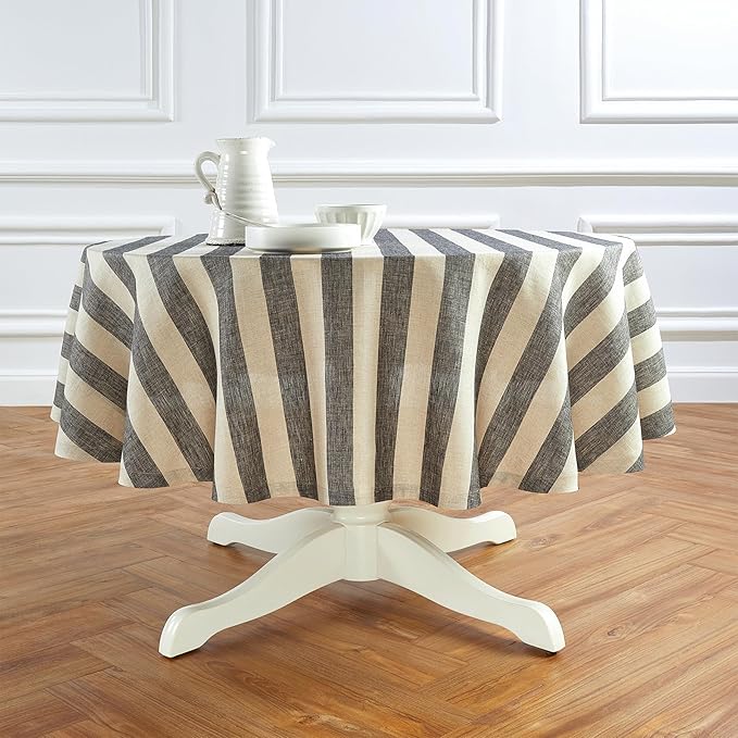 Solino Home Linen 60 Inch Round Tablecloth - Cabana Stripe, 100% Pure Linen Black and Natural Round Tablecloth - Machine Washable Table Cloth for Fall, Autumn, Thanksgiving