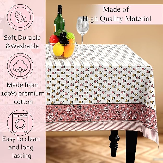 CPC Rosette Bloom Tablecloth 100% Cotton 60x90 Inch Indian Block Print Rectangle Table Cover, Table Cloth for Gifting in Weddings, Halloween, Fall, Christmas, Thanksgiving