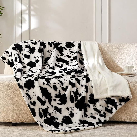 COOVA Faux Rabbit Fur & Flannel Throw Blanket 50x60 Inch - Luxury Fuzzy & Cozy Soft Blanket for All Seasons, Breathable and Comfortable for Bed, Sofa, Couch, and Camping, Cow Print,Black/White