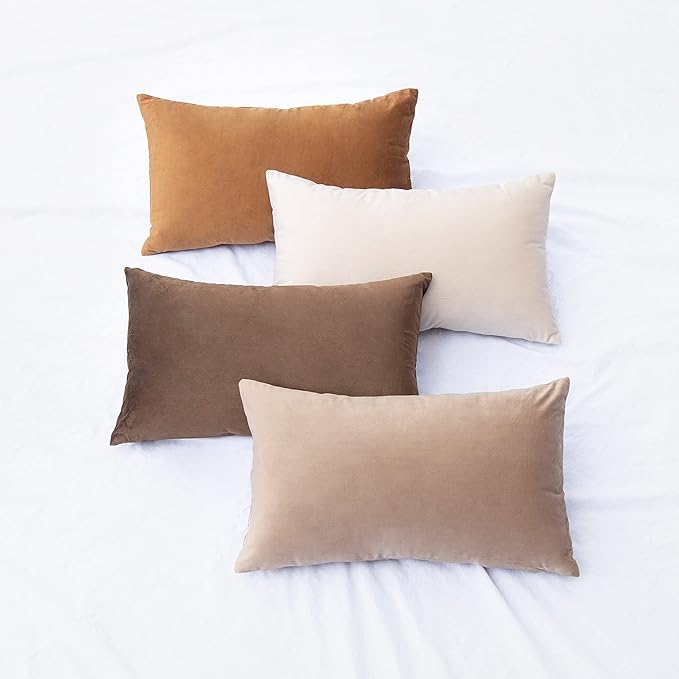 MONDAY MOOSE Decorative Throw Pillow Covers Cushion Cases, Set of 4 Soft Velvet Modern Designs, Mix and Match for Home Decor, Pillow Inserts Not Included (12x20 inch, Brown/Beige)