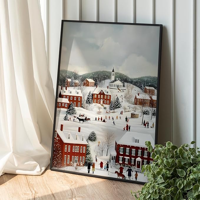 OZCONO Vintage Christmas Village Wall Art for Holiday Farmhouse Decor, Cozy Winter Town Scene Artwork, Classic Snowy Christmas Decoration, Noel Seasonal Print (Unframed) (12x18)