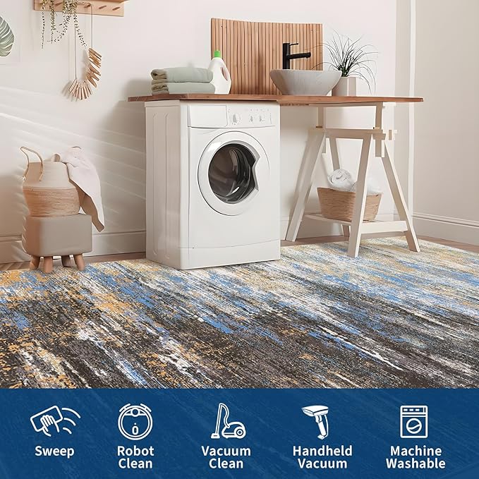 Washable Rug 5x7 Abstract Area Rug for Living Room, Non Slip Foldable Soft Rugs for Bedroom, Stain Resistant Rugs Modern Fuzzy Rug, Indoor Floor Carpet for Entryway Home, Blue/Brown