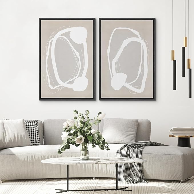 SIGNWIN Framed Canvas Print Wall Art Set Pastel Tan Circle Ring Collage Abstract Shapes Cozy Neutral Modern Art Decorative Nordic Multicolor for Living Room, Bedroom, Office - 16"x24"x2 Black