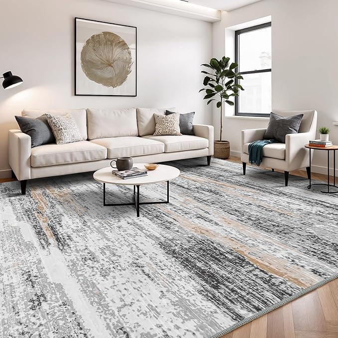 Rugflix 9x12 Large Area Rugs, Abstract Washable Rug for Living Room, Soft Low Pile Carpet, Non-Slip, Stain Resistant, Neutral Beige Grey Indoor Rug for Bedroom, Dining Room, Home Office