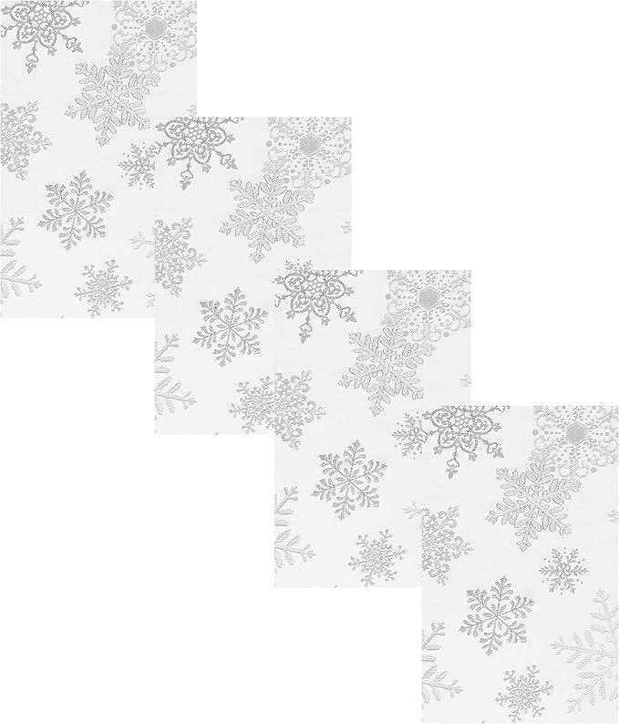 Newbridge Fancy Metallic Snowflake Christmas Fabric Napkins, Set of 4, White Silver, No-Iron Soil Resistant Sparkling Snowflakes Woven Holiday Cloth Napkins