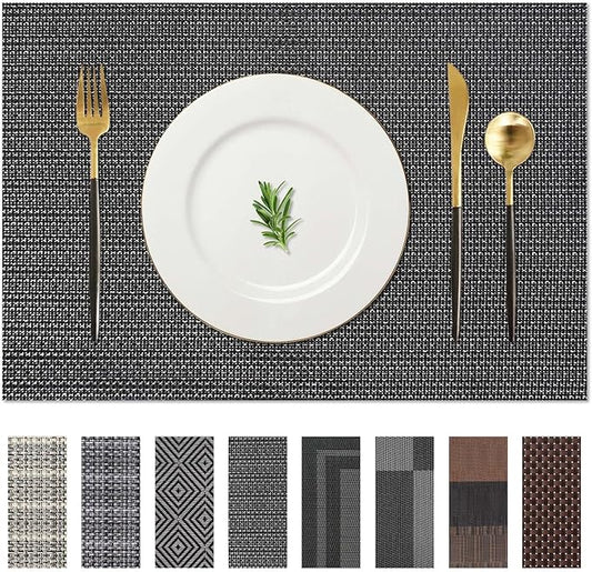 AHHFSMEI Placemats for Dining Table Set of 6 Woven Vinyl Plastic Place Mats Non-Slip Heat Insulation Stain Resistant Table Mats Washable Easy Clean Placemats (Black Silver)