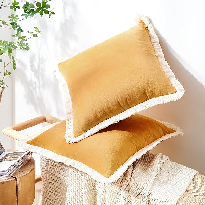 MONDAY MOOSE Decorative Throw Pillow Covers Cushion Cases, Set of 2 Soft Velvet Modern Fringe Tassel Designs, Mix and Match for Home Decor, Pillow Inserts Not Included (Yellow, 18x18 inch)