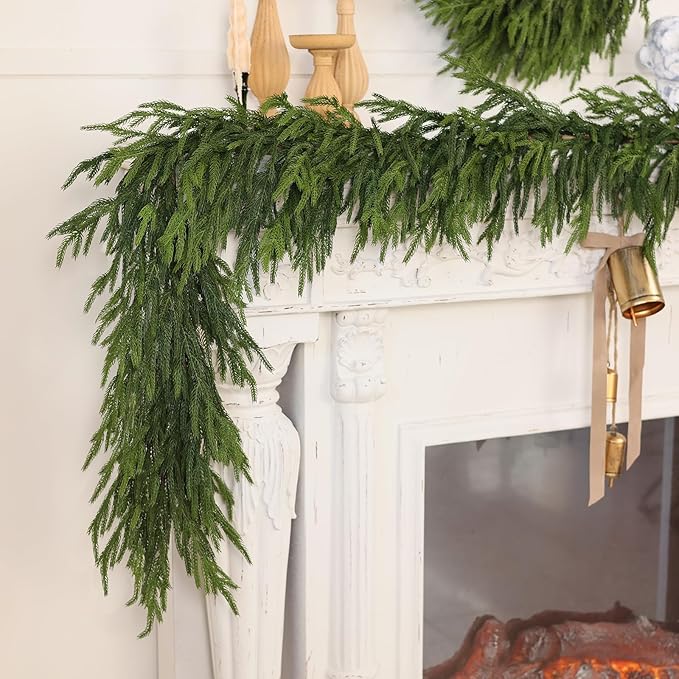 16FT Real Touch Norfolk Pine Garland - Artificial Christmas Garland Fake Green Faux Pine Needles Garland for Table Fireplace Mantle Holiday Home Indoor Outdoor Decor (1PCS)