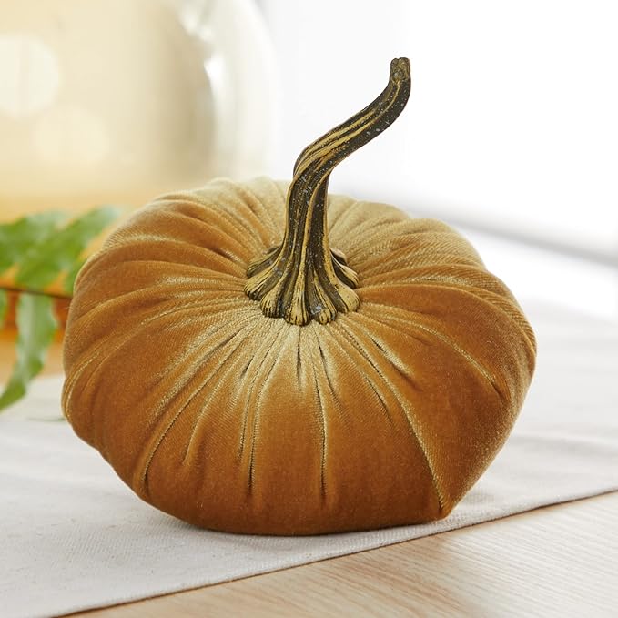 Set of 3 Velvet 6.25 Inch Pumpkins, orange pumpkin decor, Thanksgiving centerpiece, hygge home, elegant bookshelf accent, Halloween indoor decor, tiered tray accent for kitchen (Rust, Gold, Olive)