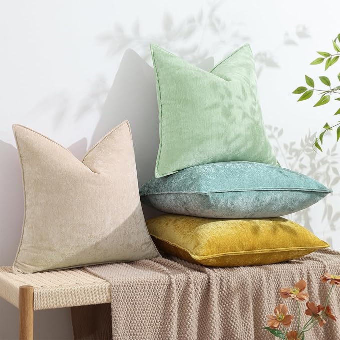 decorUhome Christmas Couch Throw Pillow Covers 24x24 Set of 2, Decorative Soft Euro Velvet Neutral Chenille Pillow Covers with Elegant Design for Sofa Bed Living Room Home Decor, Beige