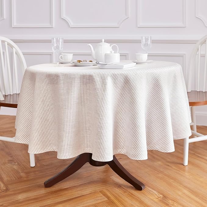Solino Home Linen Round Tablecloth 70 Inch - Narrow Stripe, 100% Pure Linen Natural and White Round Tablecloth - Machine Washable Table Cloth for Fall, Autumn, Thanksgiving, Christmas, Holiday, Winter