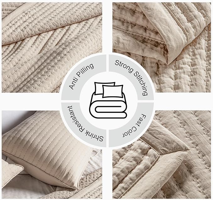 XL King Quilt Set – 108"x98" Soft Washed 3-Layer Lightweight Bedspread with Multi-Lock Quilting, Minimalist Nordic Bedding, All-Season Quilt for Spring & Summer (1 Quilt + 2 Pillow Shams),Oatmeal
