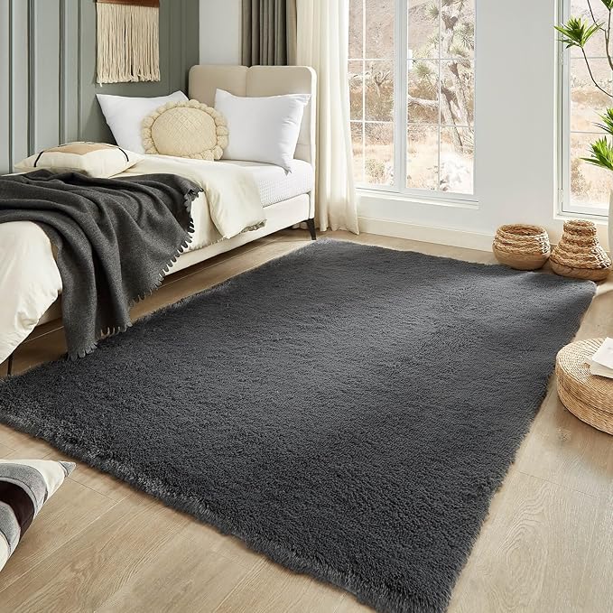 Floralux Ultra Soft 5x7 Area Rugs for Living Room Bedroom, Dark Grey, Shag Plush Rug for Playroom, Modern Shaggy Carpet for Beside Bed, Teens Dorm, Nursery, Home Decor Aesthetic