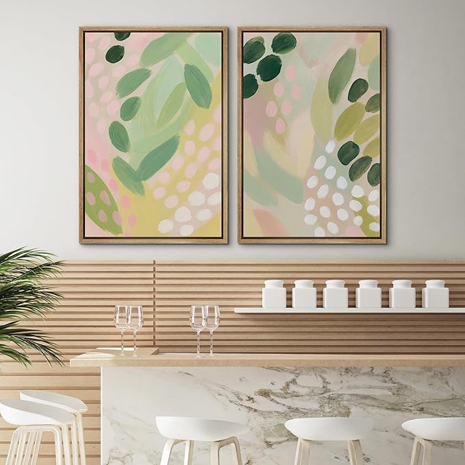 SIGNWIN Framed Canvas Print Wall Art Set Pastel Garden Rhythm Abstract Green and Pink Brushstroke Botanical Zen Bohemian for Living Room, Bedroom, Office - 24"x36"x2 NATURAL