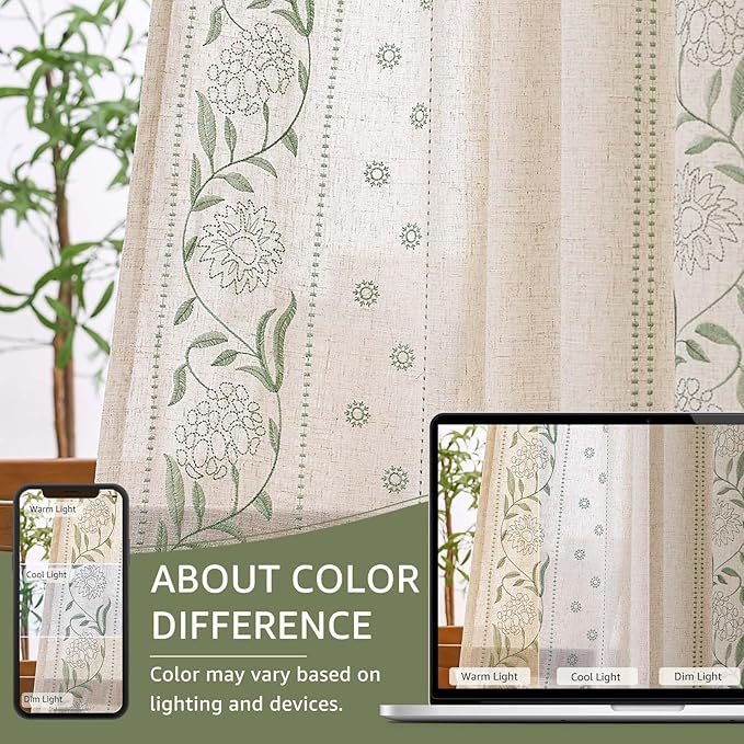jinchan Winslow Linen Curtains for Bedroom 96 Inches Length Embroidered Bordered Floral Curtains for Living Room Farmhouse Decor Light Filtering Window Treatments Sage on Beige Drapes 2 Panels