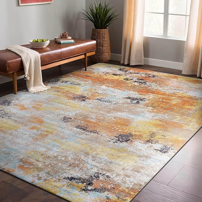Non Slip Rugs 5x7 Modern Abstract Easy Silk Rubber Backing Soft Area Rug for Living Room Easy to Clean Non Shedding Kitchen for Bedroom Indoor Carpet (Orange - Brown, 5x7)