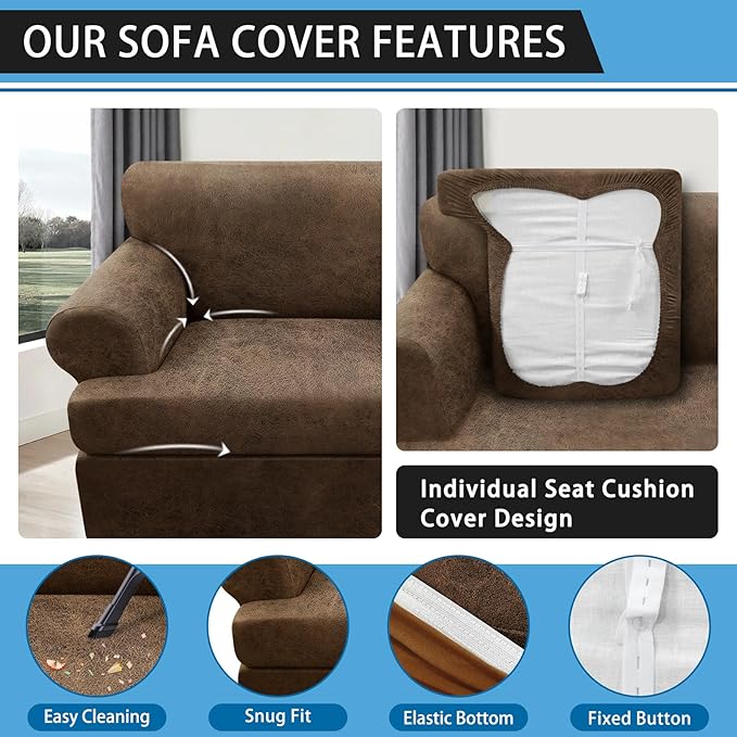 4-Pieces T Cushion Sofa Slipcovers - Leather Look Couch Cover for 3 Cushion Couch - Furniture Protector Stretch Sofa Cover With 3 Individual Seat Covers - Washable, Light Brown