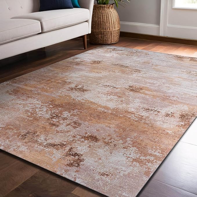Non Slip Rugs 4x6 Modern Abstract Easy Silk Rubber Backing Soft Area Rug for Living Room Easy to Clean Non Shedding Kitchen for Bedroom Indoor Carpet (Beige - Brown, 4x6)