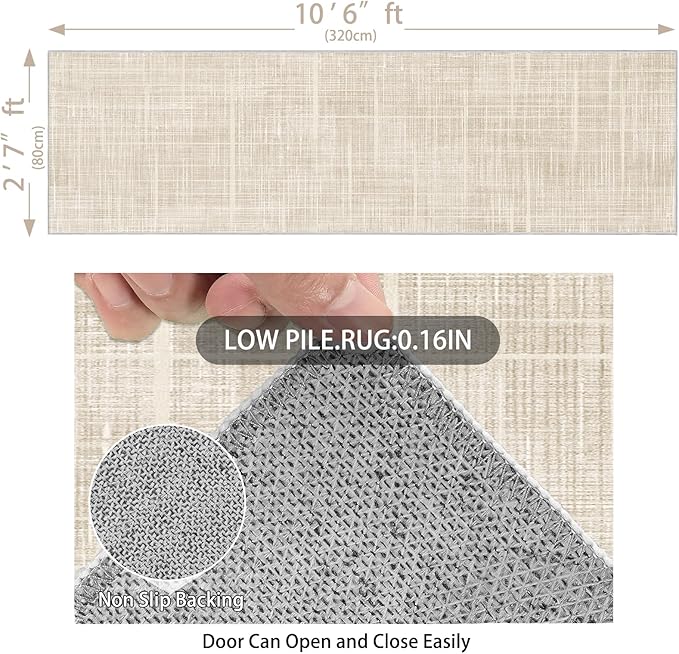 Enkor Runner Rugs for Hallway, 2'7"x10'6" Washable Soft Non Slip Abstract Rugs for Kitchen, Modern Mat for Entryway Living Room Bedroom Beige Grid