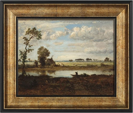 FOLKOR 8x10 Vintage Gold Framed Canvas Wall Art for Living Room Decoration, French Countryside Painting Poster Prints Decor For Rustic Home Office Bedroom (Landscape with Boatman)