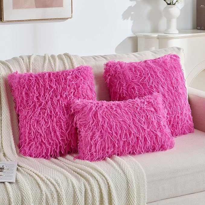 FUTEI Hot Pink Decorative Throw Pillow Covers 22x22 Inch Set of 2,Soft Fluffy Faux Feather Texture Cushion Cases,Modern Home Luxury Decor for Couch Bed Living Room